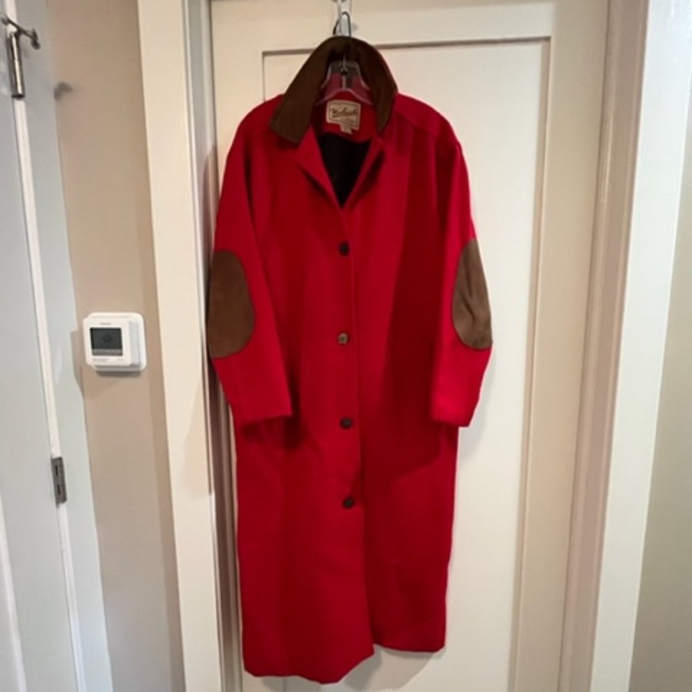 WOOLRICH RED WOOL COAT WITH SUEDE COLLAR AND ELBOW PATCHES - MEDIUM